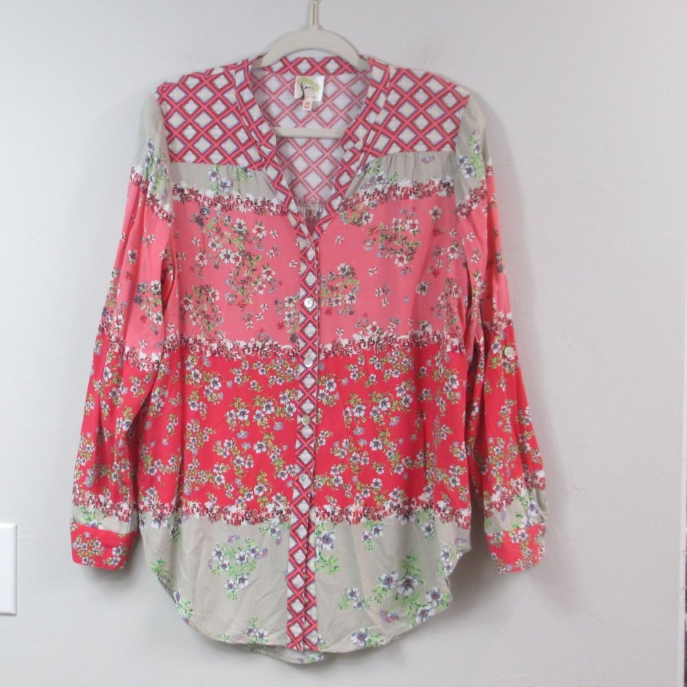 Fig & Flower Anthropologie Roll Tab Sleeve Pink Tan Floral Tunic Dress